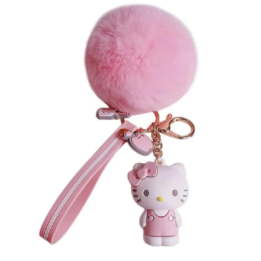 Hello Kitty Chunky Pom Pom Keychain Bag Pendant Keyring Jewelry Pink White NEW